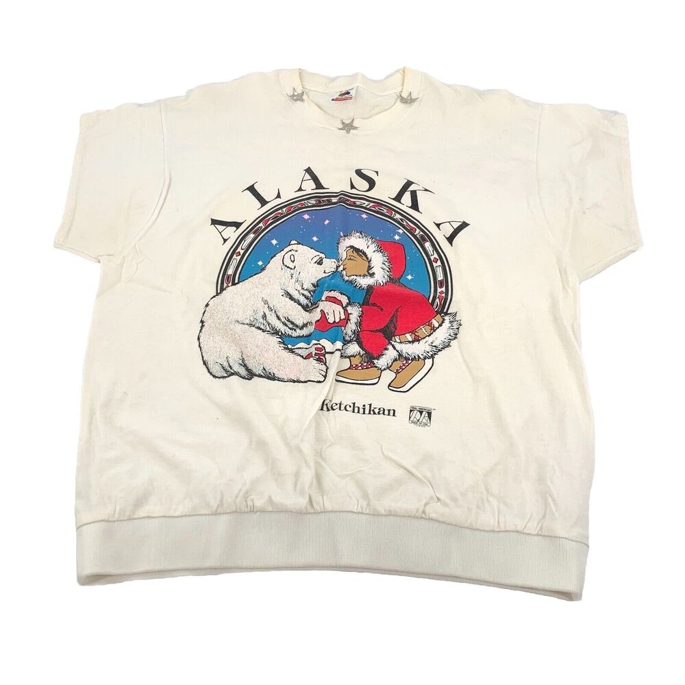 Vintage 1990 Alaska Short Sleeve Pullover Sweatshirt Top XL Womens White 90s